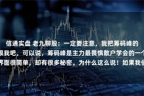 信通实盘 老九聊股：一定要注意，我把筹码峰的秘密说出来，主力不会恨我吧，可以说，筹码峰是主力最畏惧散户学会的一个指标，看着界面很简单，却有很多秘密。为什么这么说！如果我们真正了解了筹码峰，那就能轻松判断主
